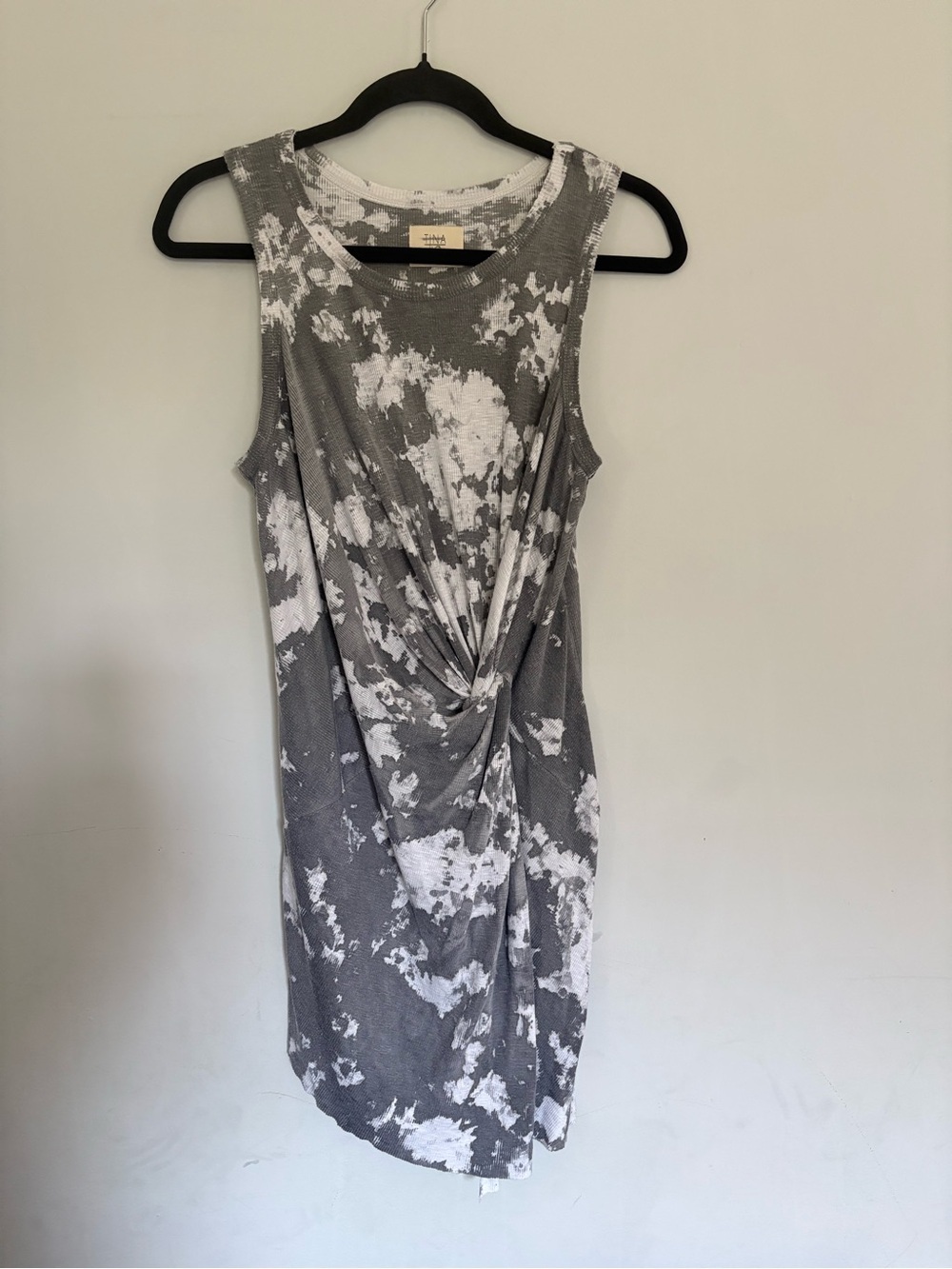 Anthropologie Tina Jo Gray & White Tie-Dye Twist Front Sleeveless Midi Dress, M